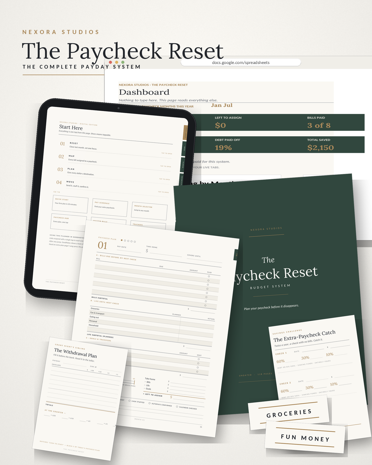 The Paycheck Reset Budget System — Printable + GoodNotes Budget Planner, Google Sheets Tracker & Cash-Stuffing Kit