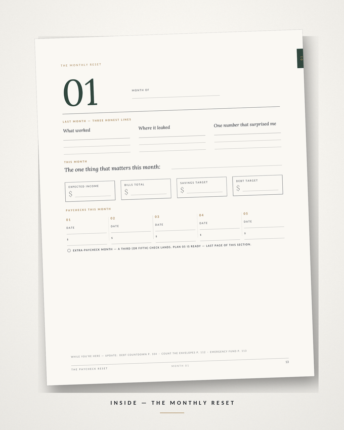 Monthly Reset page — plan the month before it starts