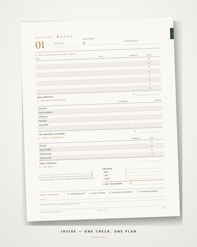 Paycheck Plan page — a one-page budget for each paycheck