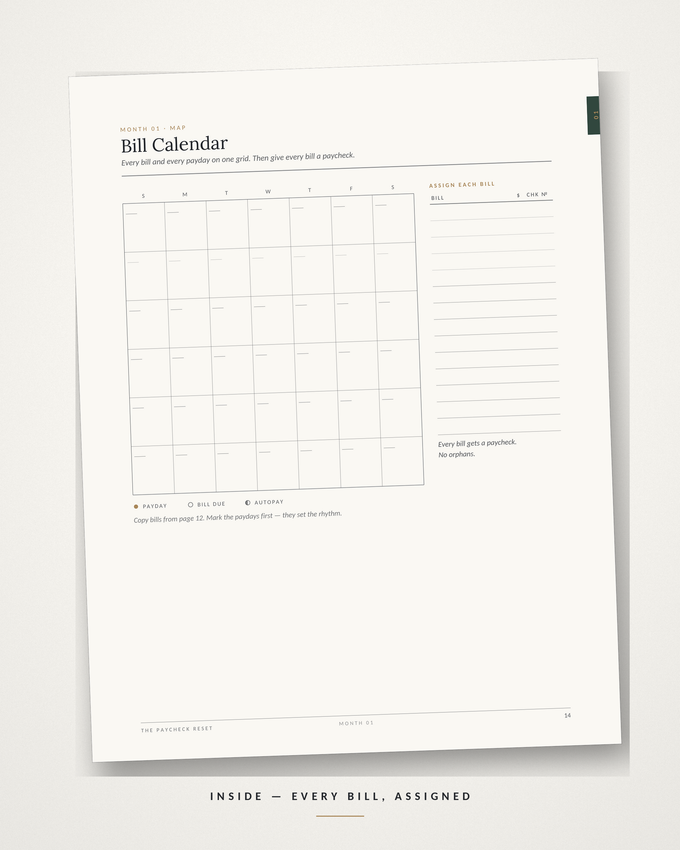 Bill Calendar page — every due date assigned to a paycheck